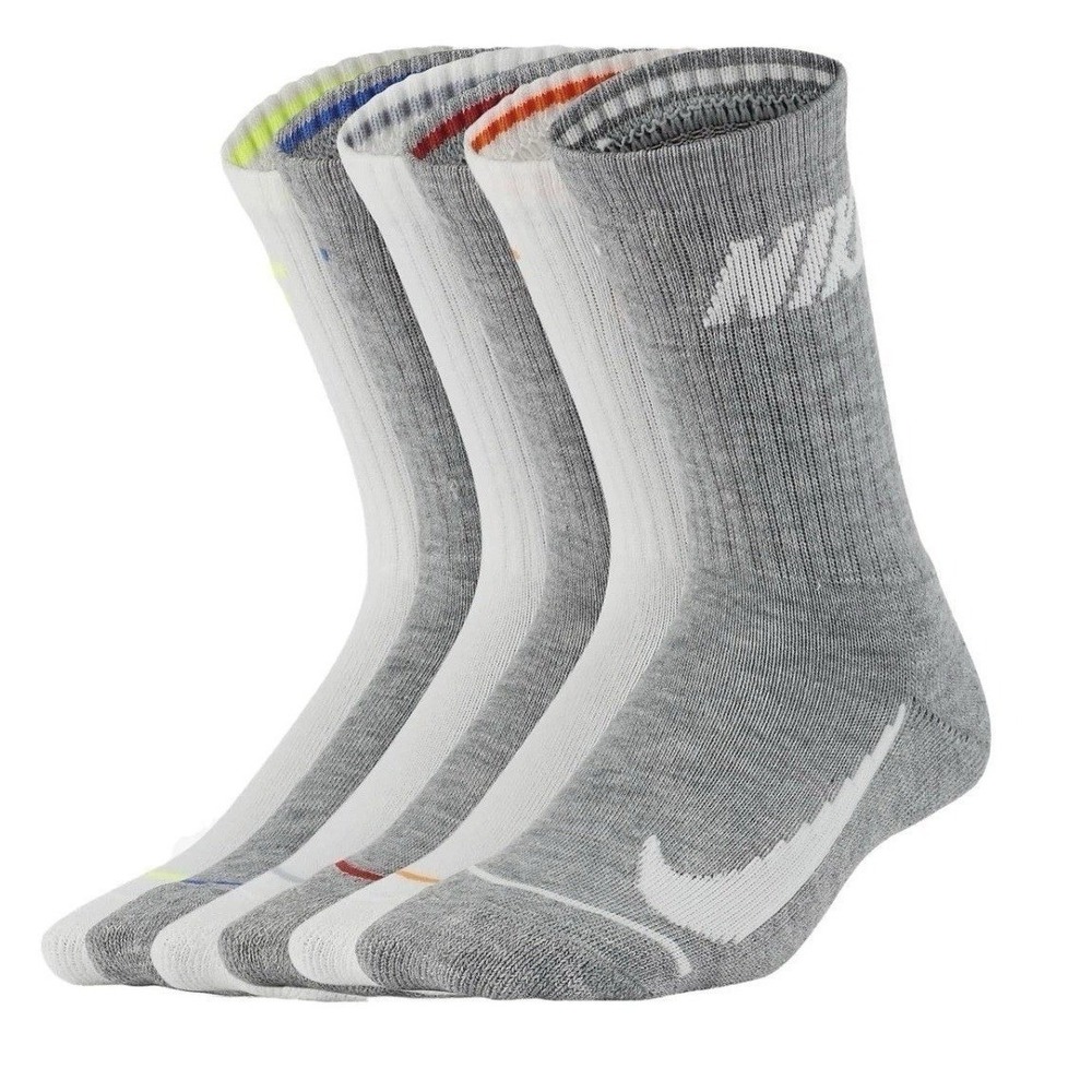 Nike Kids Crew Socks 6 Pack White Grey Cushioned Size 7C-10C BN0509-001 NEW